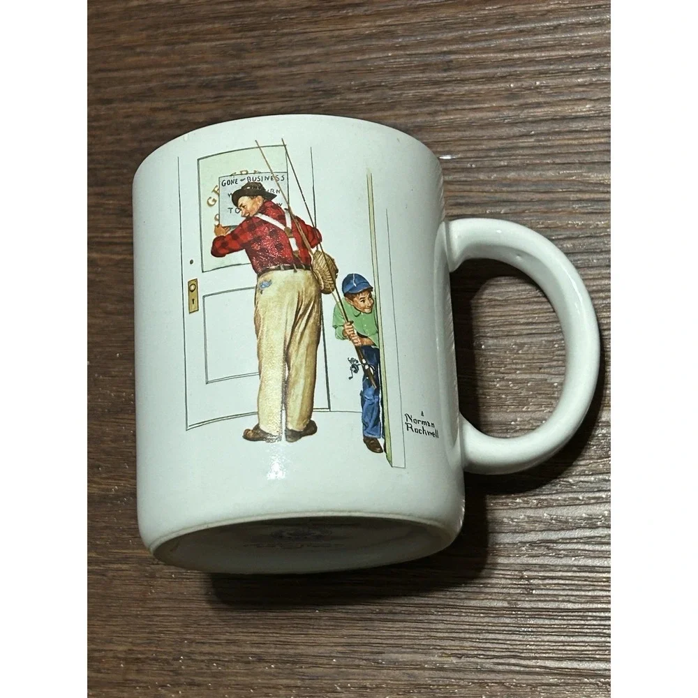 Norman Rockwell 1987 museum collections Coffee mugs cup set of 2 fishing Vintage